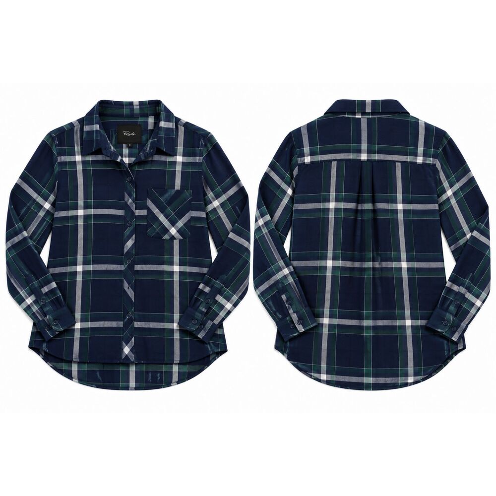 Rails Hunter Womens Small Navy Green Plaid Button Down Shirt 100% Rayon Relaxed